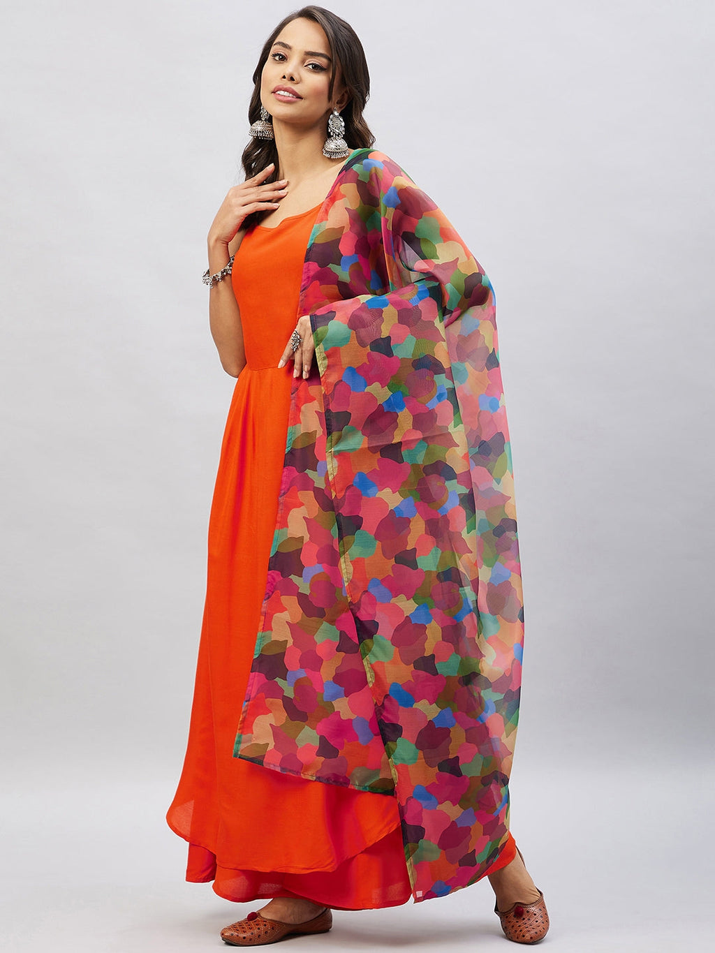 InWeave Women's Orange Strappy Set With Maroon Abstract Organza Dupatta
