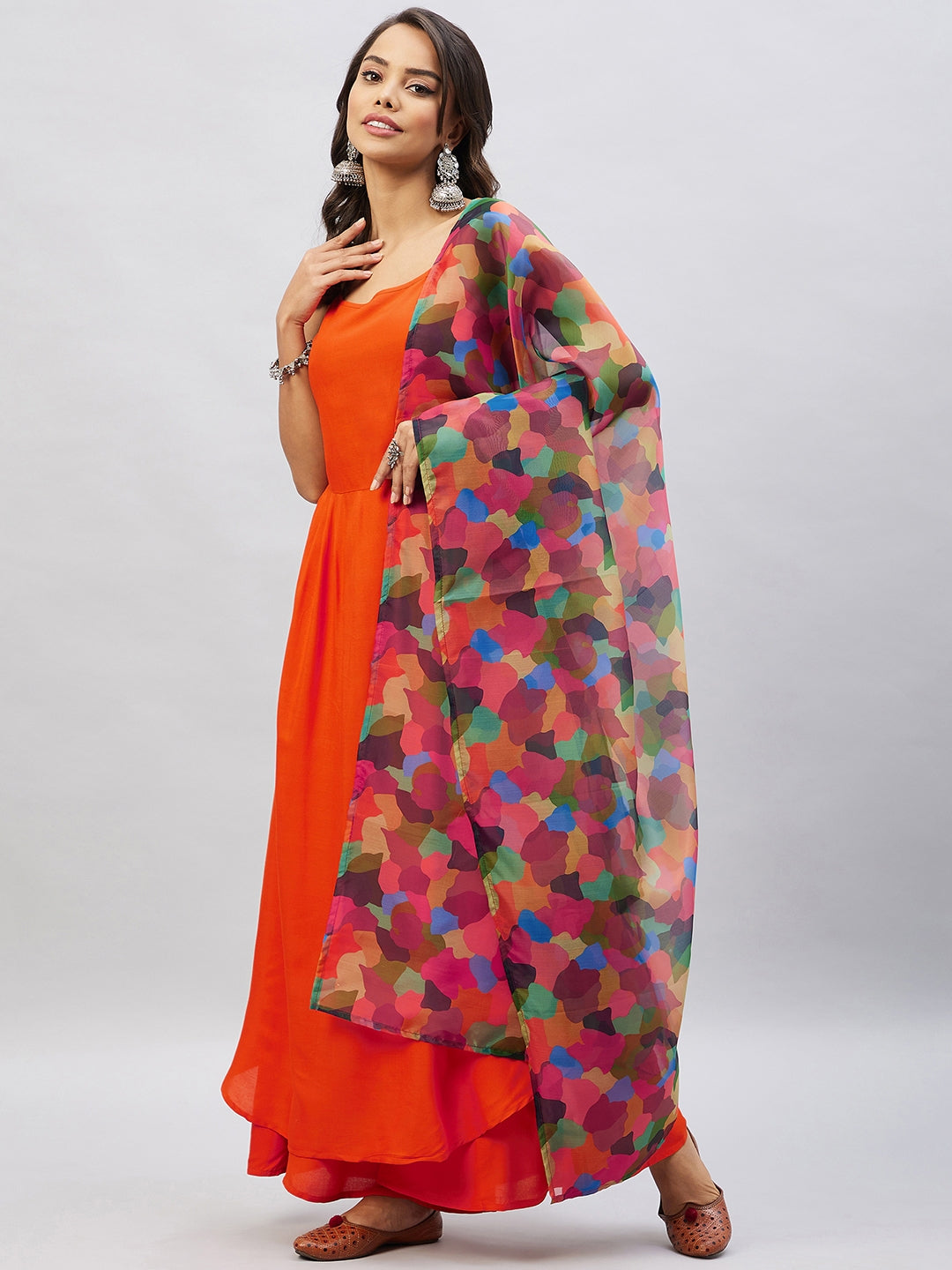InWeave Women's Orange Strappy Set With Maroon Abstract Organza Dupatta