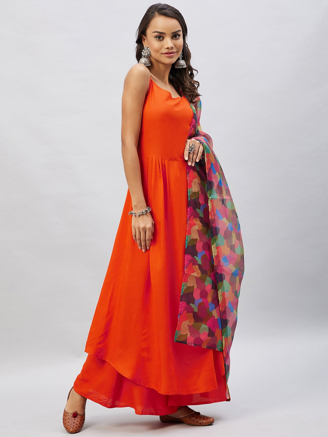 InWeave Women's Orange Strappy Set With Maroon Abstract Organza Dupatta