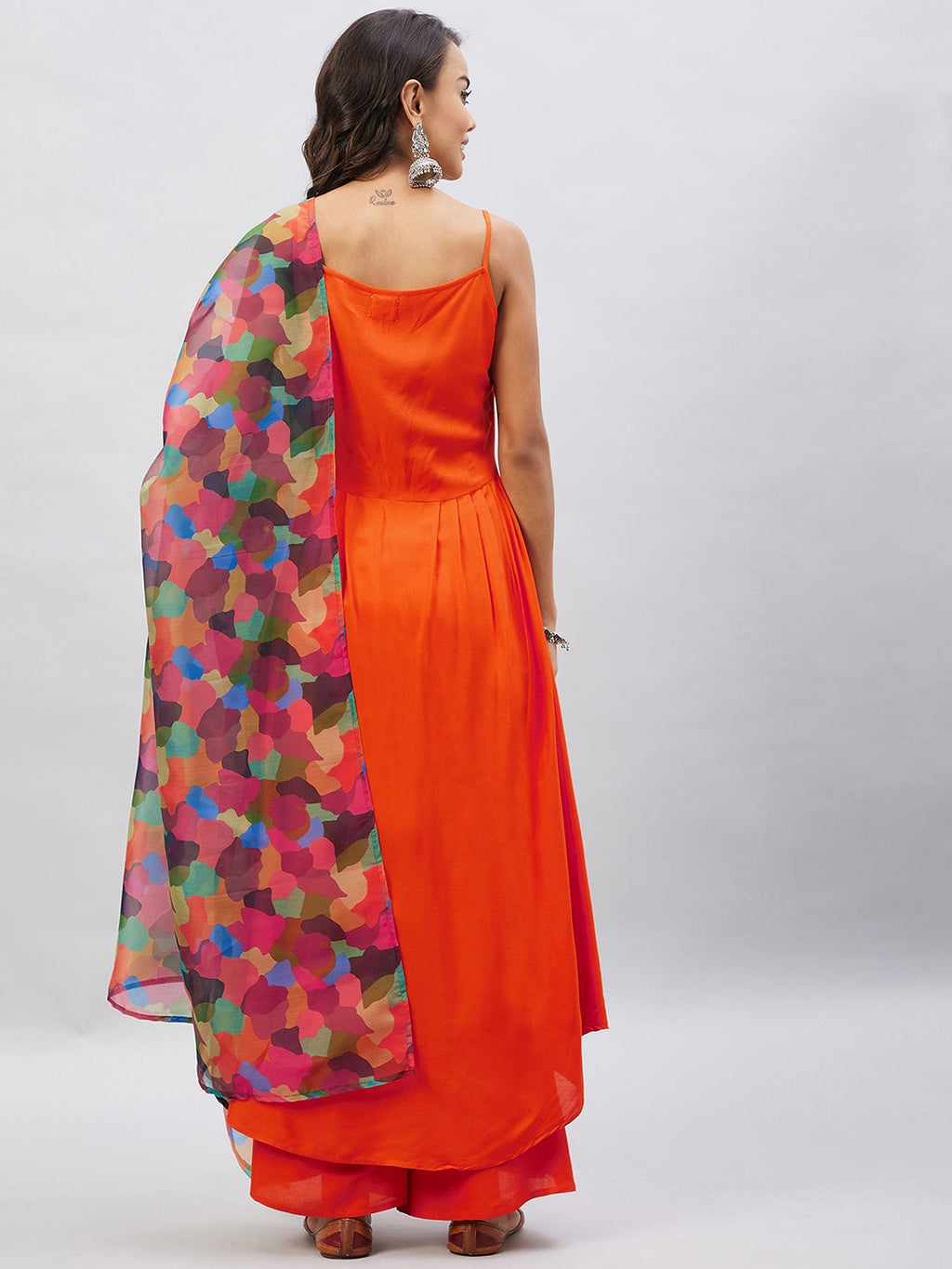 InWeave Women's Orange Strappy Set With Maroon Abstract Organza Dupatta