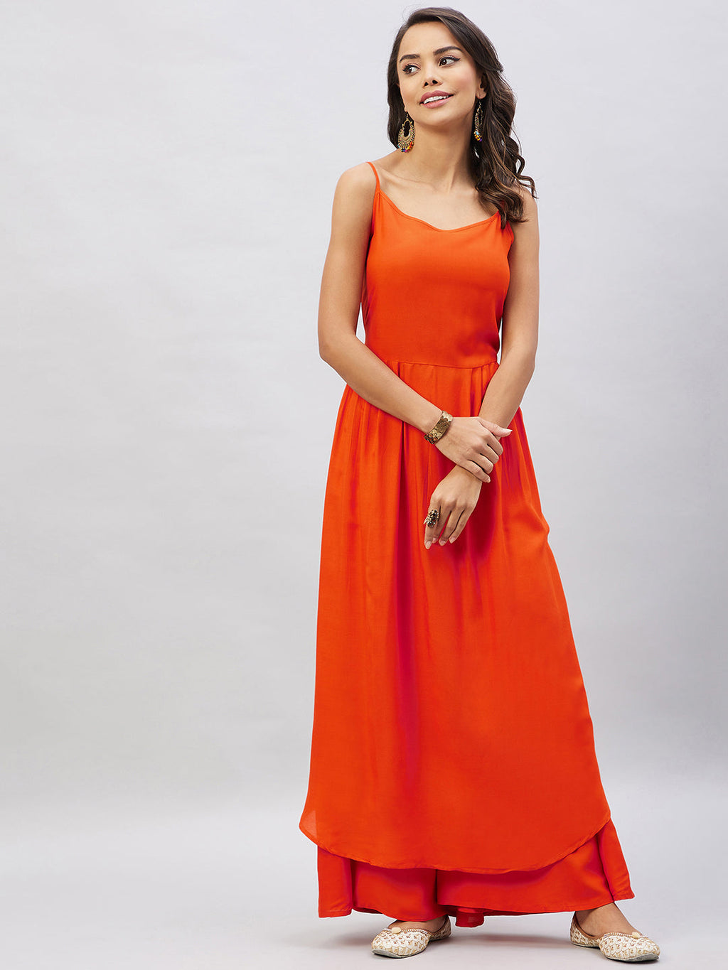 InWeave Women's Solid Orange Strappy Kurta Set