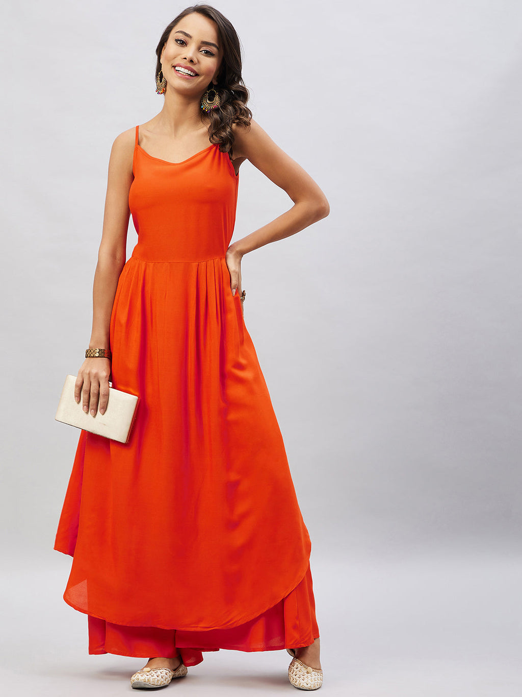 InWeave Women's Solid Orange Strappy Kurta Set