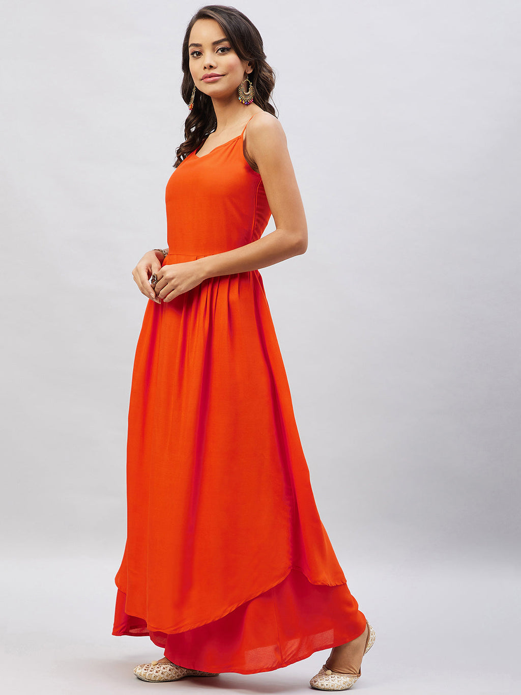 InWeave Women's Solid Orange Strappy Kurta Set