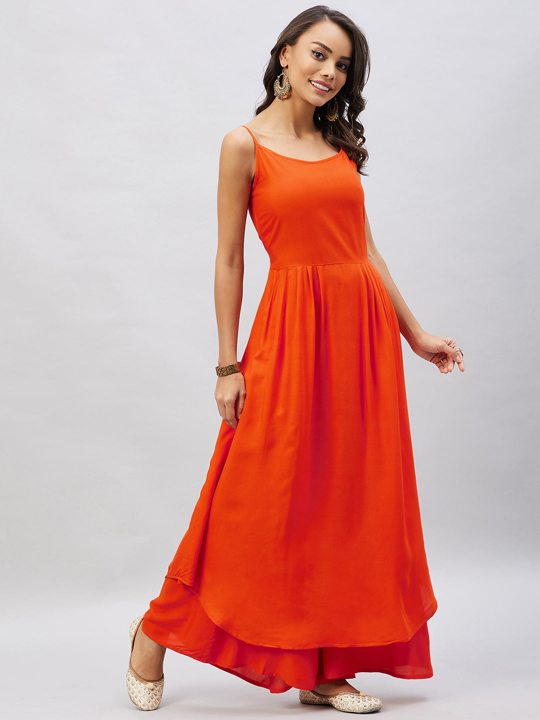 InWeave Women's Solid Orange Strappy Kurta Set