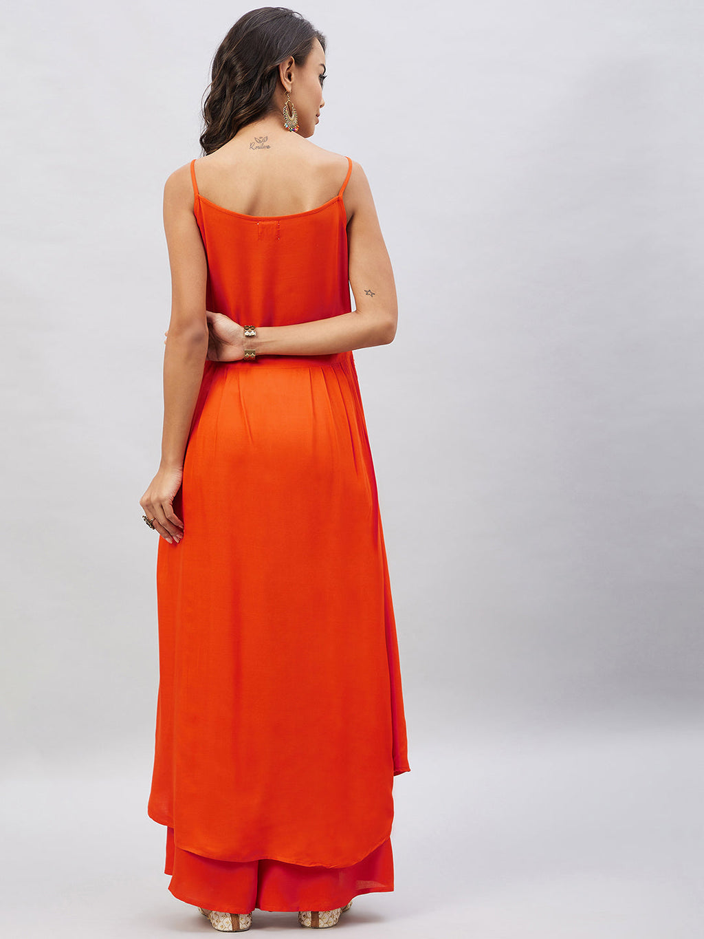InWeave Women's Solid Orange Strappy Kurta Set
