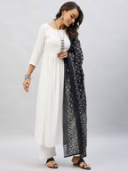InWeave Women's Cream Anarkali Kurta Set With Black Chintz Print Dupatta