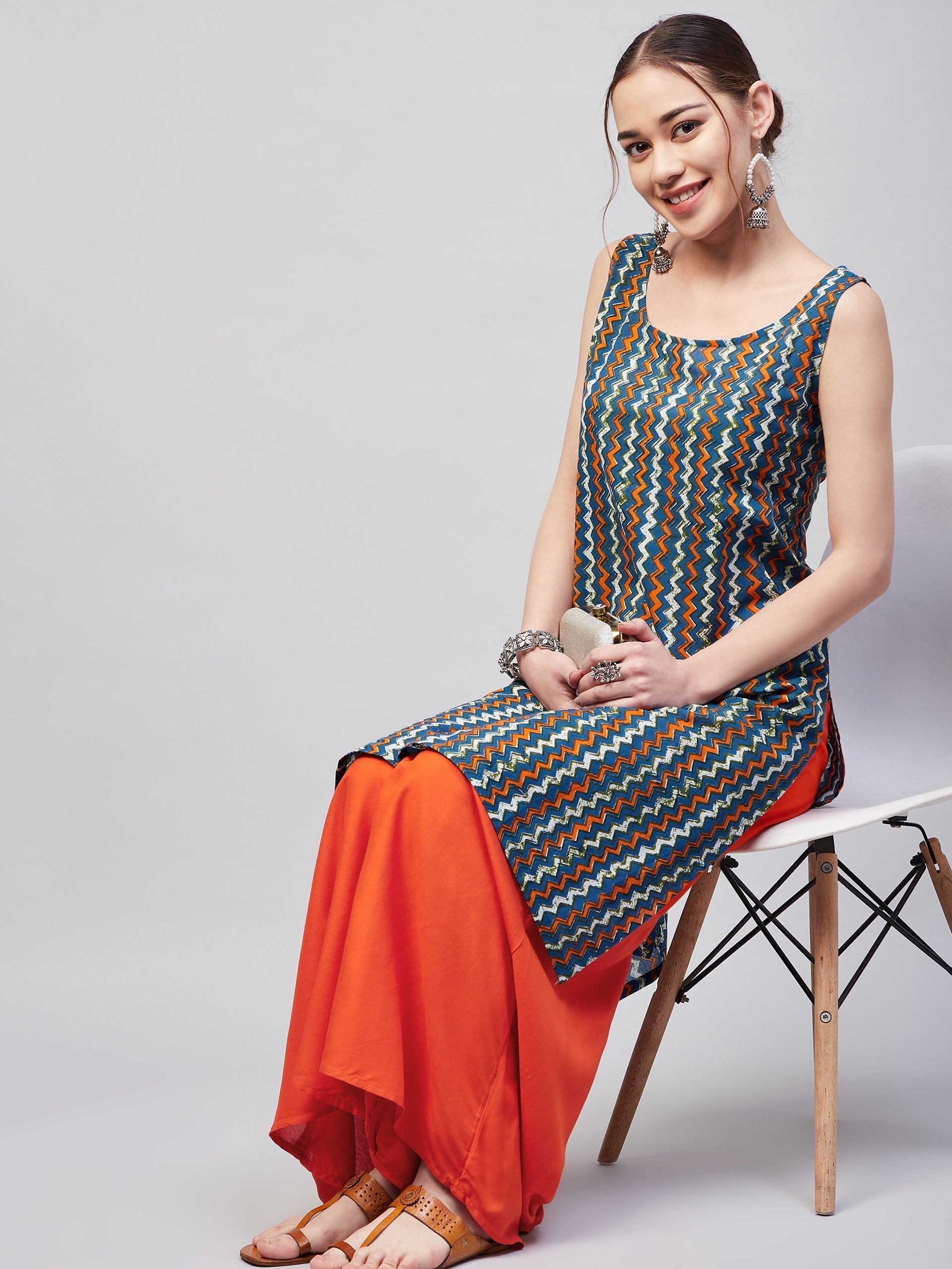 InWeave Women's Blue Orange Zig Zag Straight Orange Palazzo Set