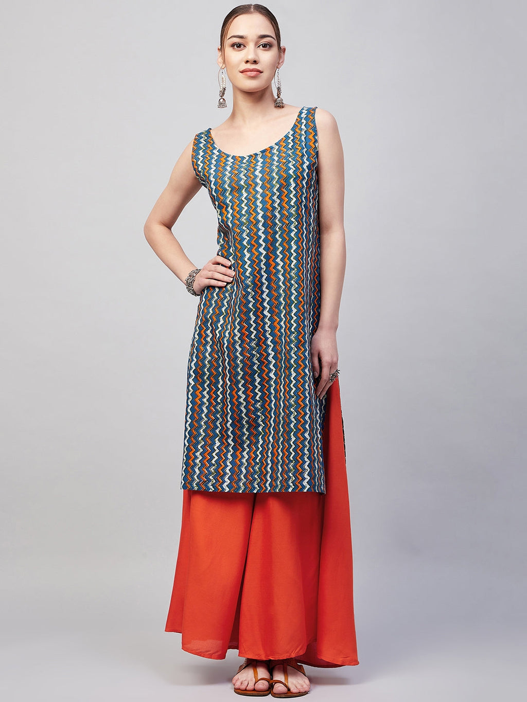 InWeave Women's Blue Orange Zig Zag Straight Orange Palazzo Set