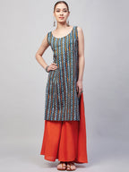 InWeave Women's Blue Orange Zig Zag Straight Orange Palazzo Set