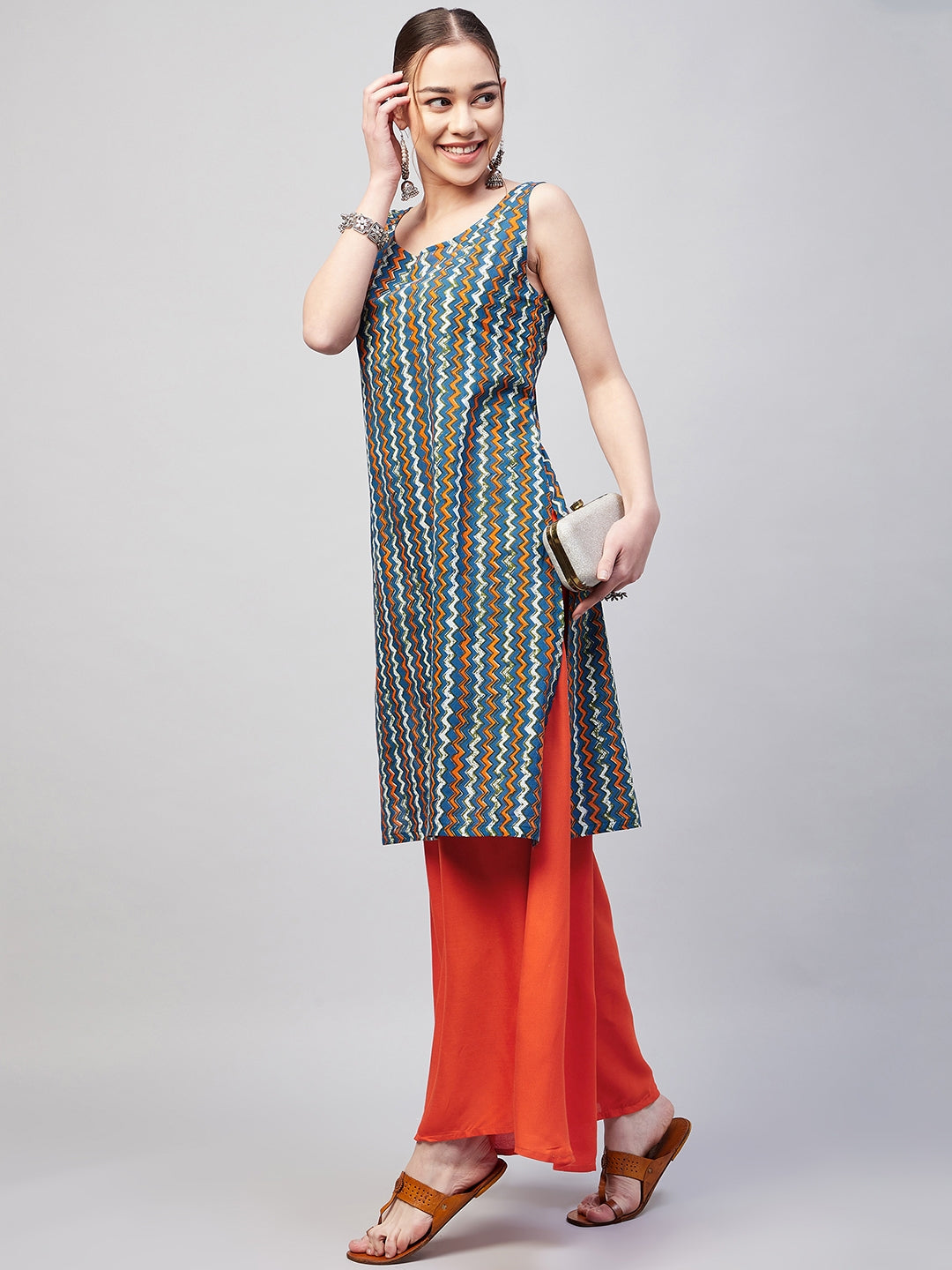 InWeave Women's Blue Orange Zig Zag Straight Orange Palazzo Set