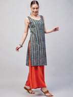 InWeave Women's Blue Orange Zig Zag Straight Orange Palazzo Set