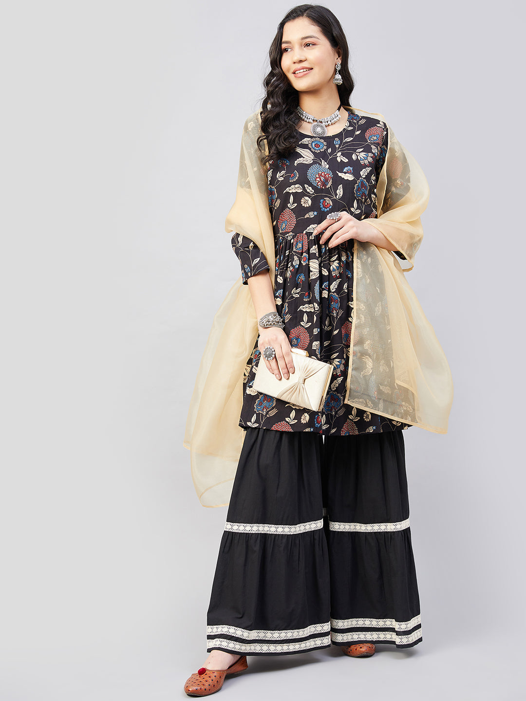 InWeave Black Tropical Sharara Set Gold Or Dupatta - Distacart