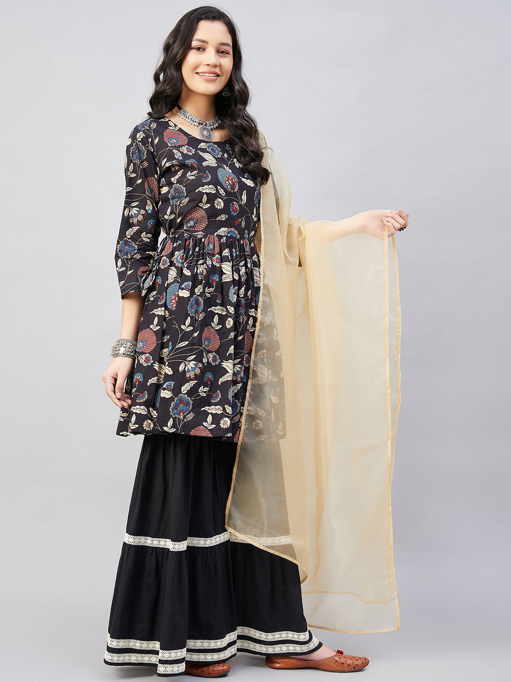 InWeave Black Tropical Sharara Set Gold Or Dupatta - Distacart