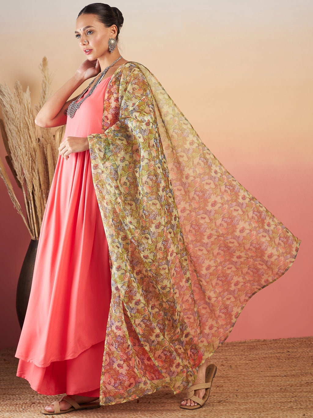InWeave Dark Peach Strappy W Olive Liberty Print Organza Dupatta Set
