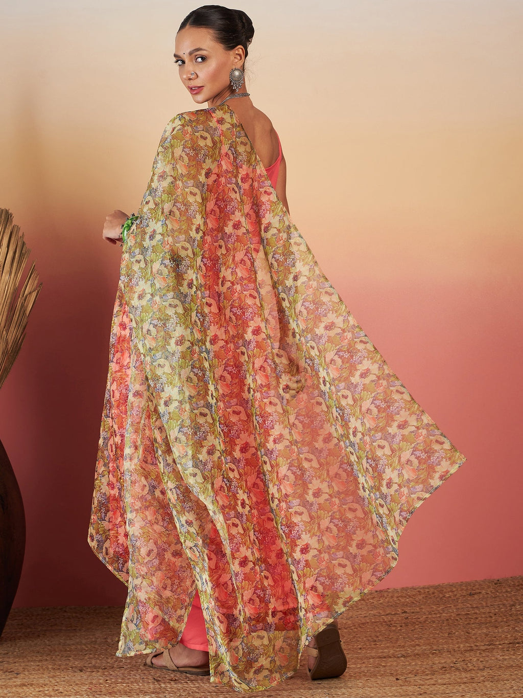 InWeave Dark Peach Strappy W Olive Liberty Print Organza Dupatta Set