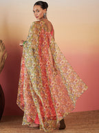 InWeave Dark Peach Strappy W Olive Liberty Print Organza Dupatta Set