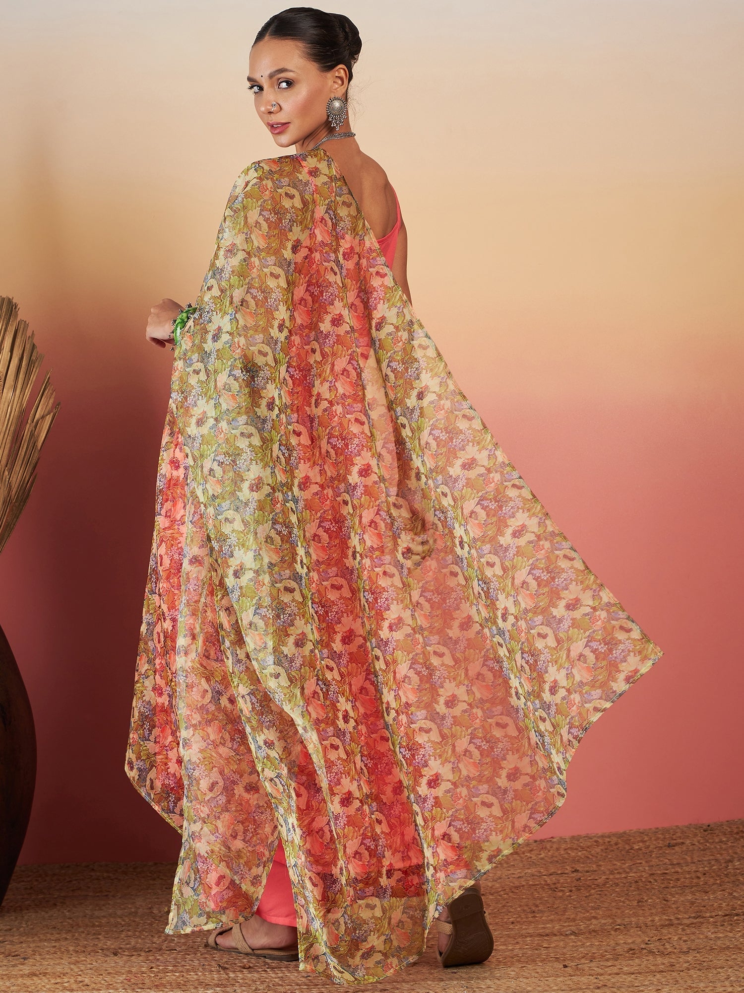 InWeave Dark Peach Strappy W Olive Liberty Print Organza Dupatta Set