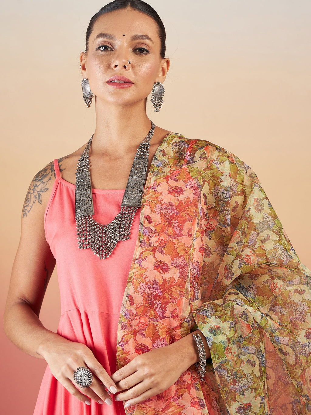 InWeave Dark Peach Strappy W Olive Liberty Print Organza Dupatta Set