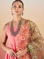 InWeave Dark Peach Strappy W Olive Liberty Print Organza Dupatta Set