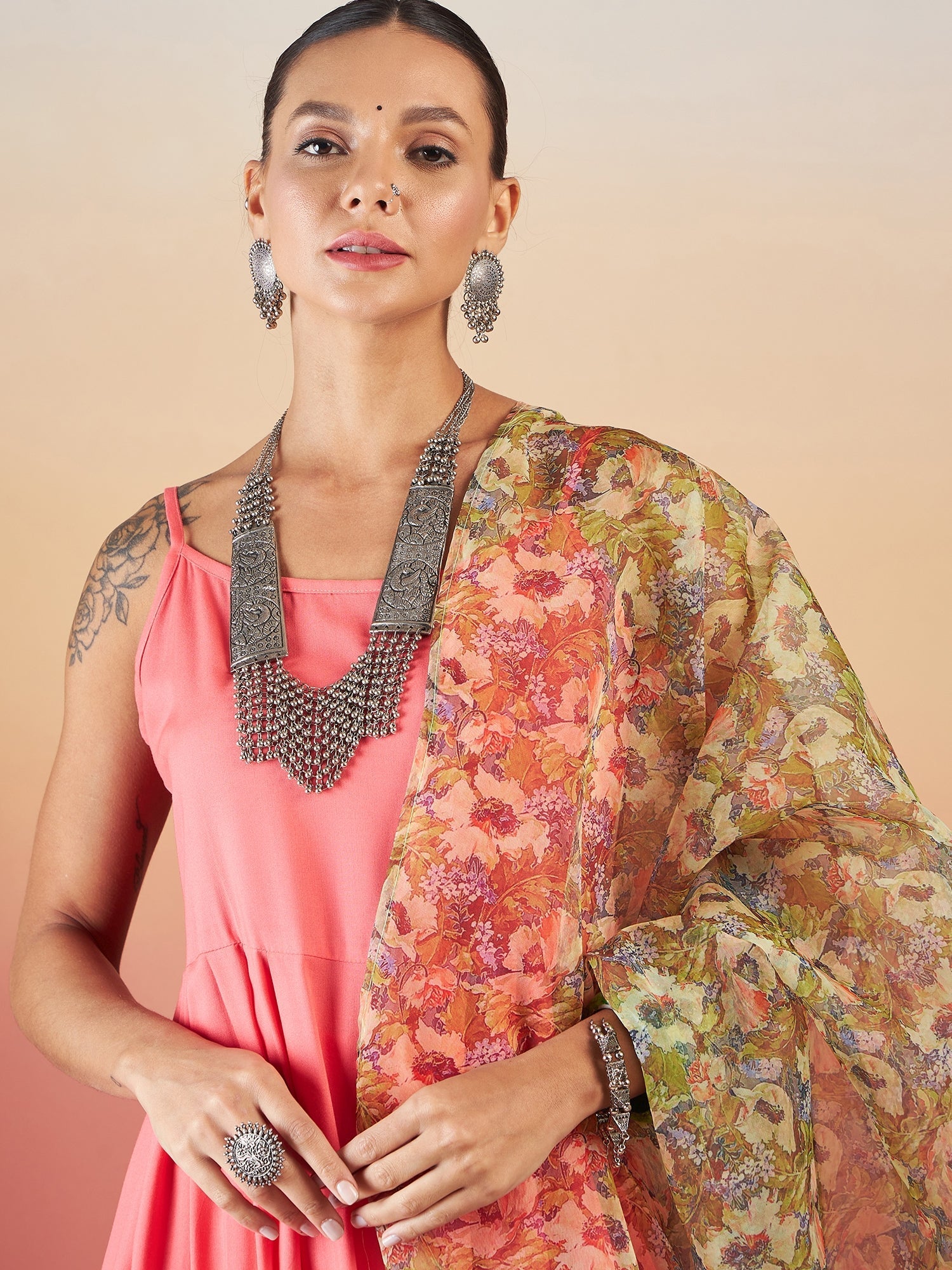 InWeave Dark Peach Strappy W Olive Liberty Print Organza Dupatta Set