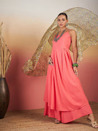InWeave Dark Peach Strappy W Olive Liberty Print Organza Dupatta Set