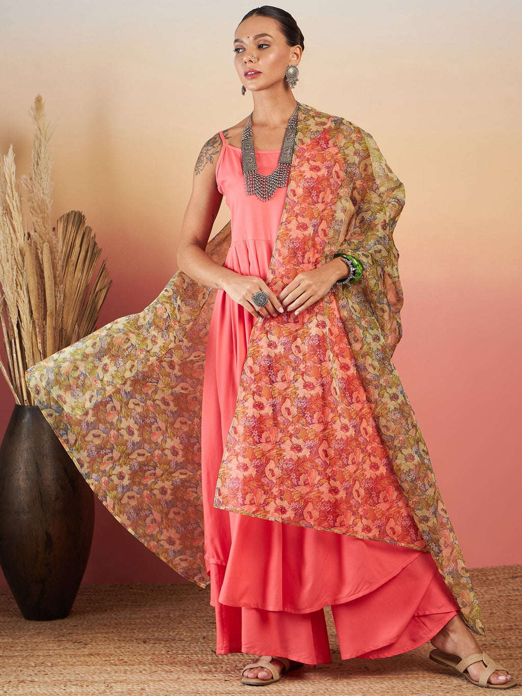 InWeave Dark Peach Strappy W Olive Liberty Print Organza Dupatta Set