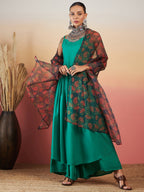 InWeave Emerald Green Strappy W Black Orange Floral Print Or Dupatta Set