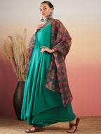 InWeave Emerald Green Strappy W Black Orange Floral Print Or Dupatta Set