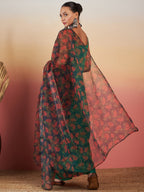 InWeave Emerald Green Strappy W Black Orange Floral Print Or Dupatta Set