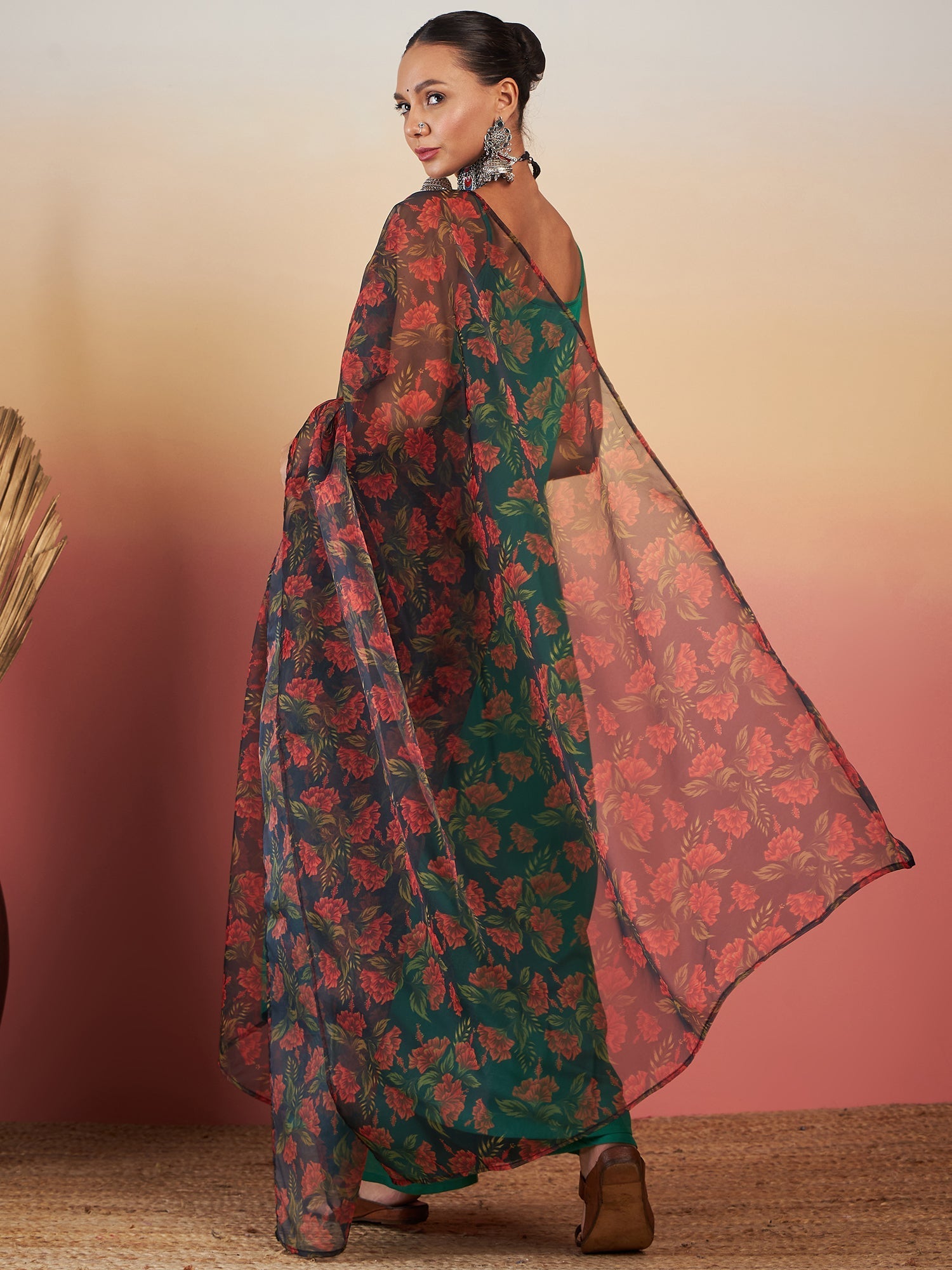 InWeave Emerald Green Strappy W Black Orange Floral Print Or Dupatta Set
