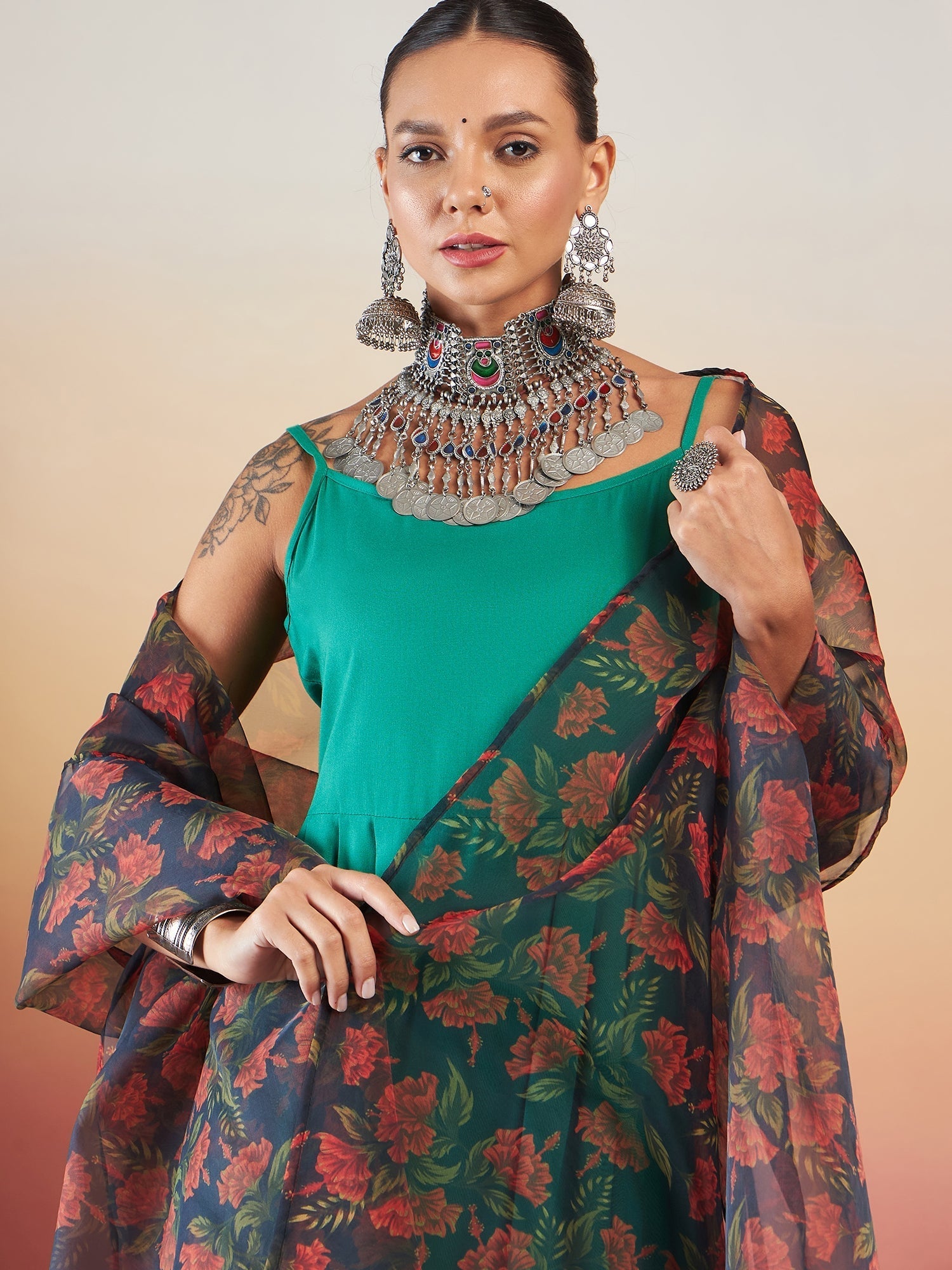 InWeave Emerald Green Strappy W Black Orange Floral Print Or Dupatta Set