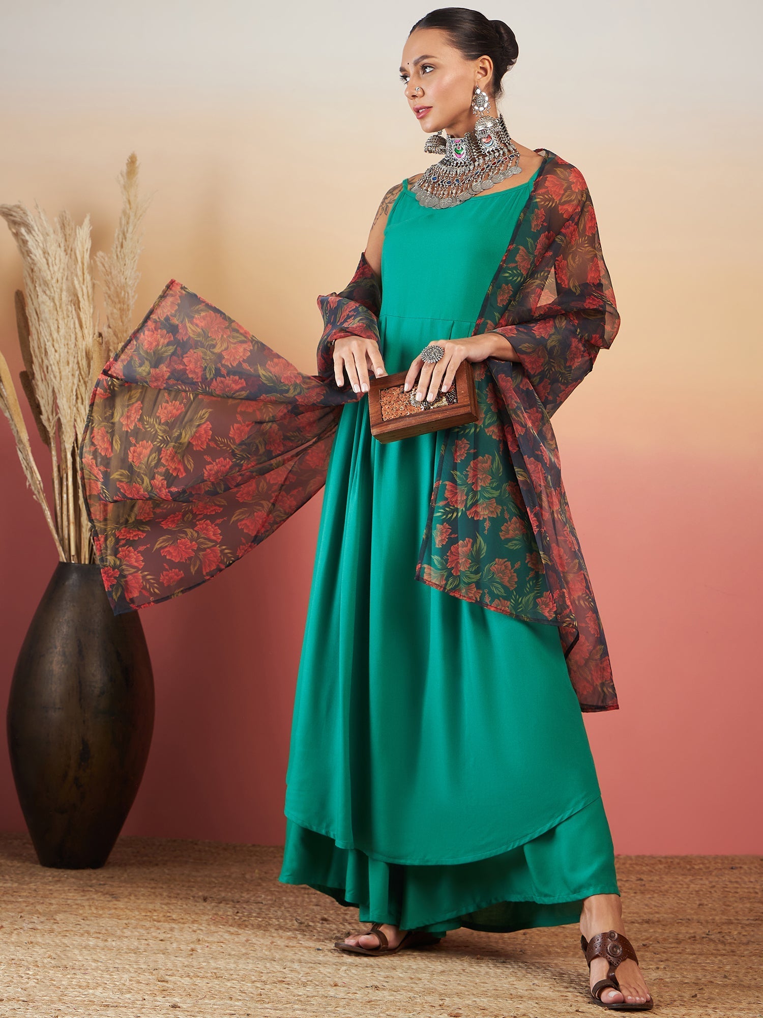 InWeave Emerald Green Strappy W Black Orange Floral Print Or Dupatta Set