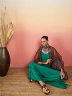 InWeave Emerald Green Strappy W Black Orange Floral Print Or Dupatta Set
