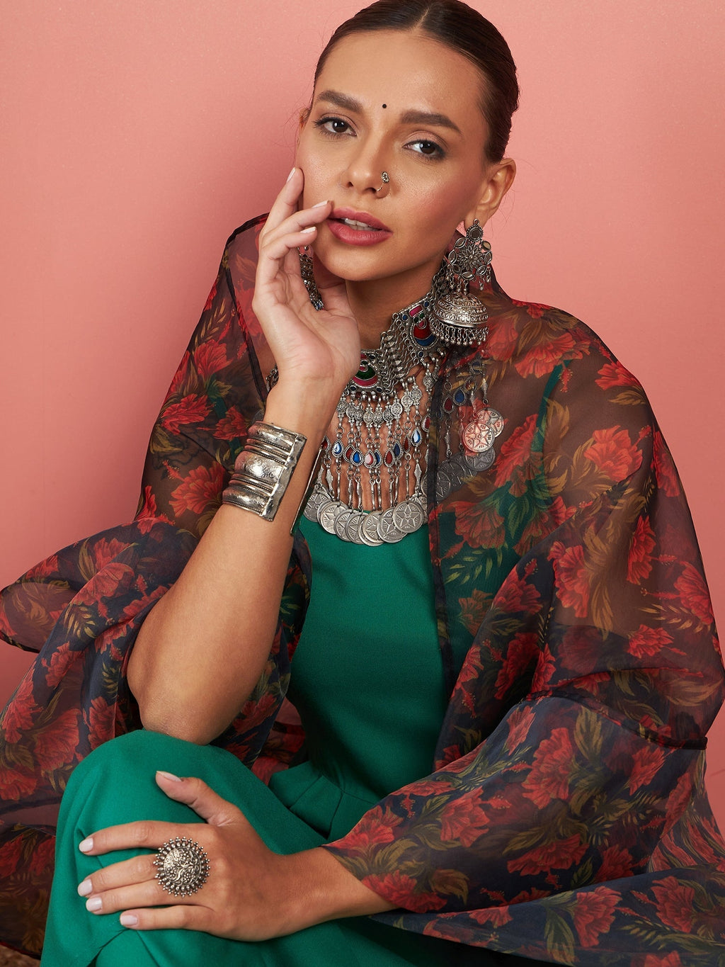 InWeave Emerald Green Strappy W Black Orange Floral Print Or Dupatta Set