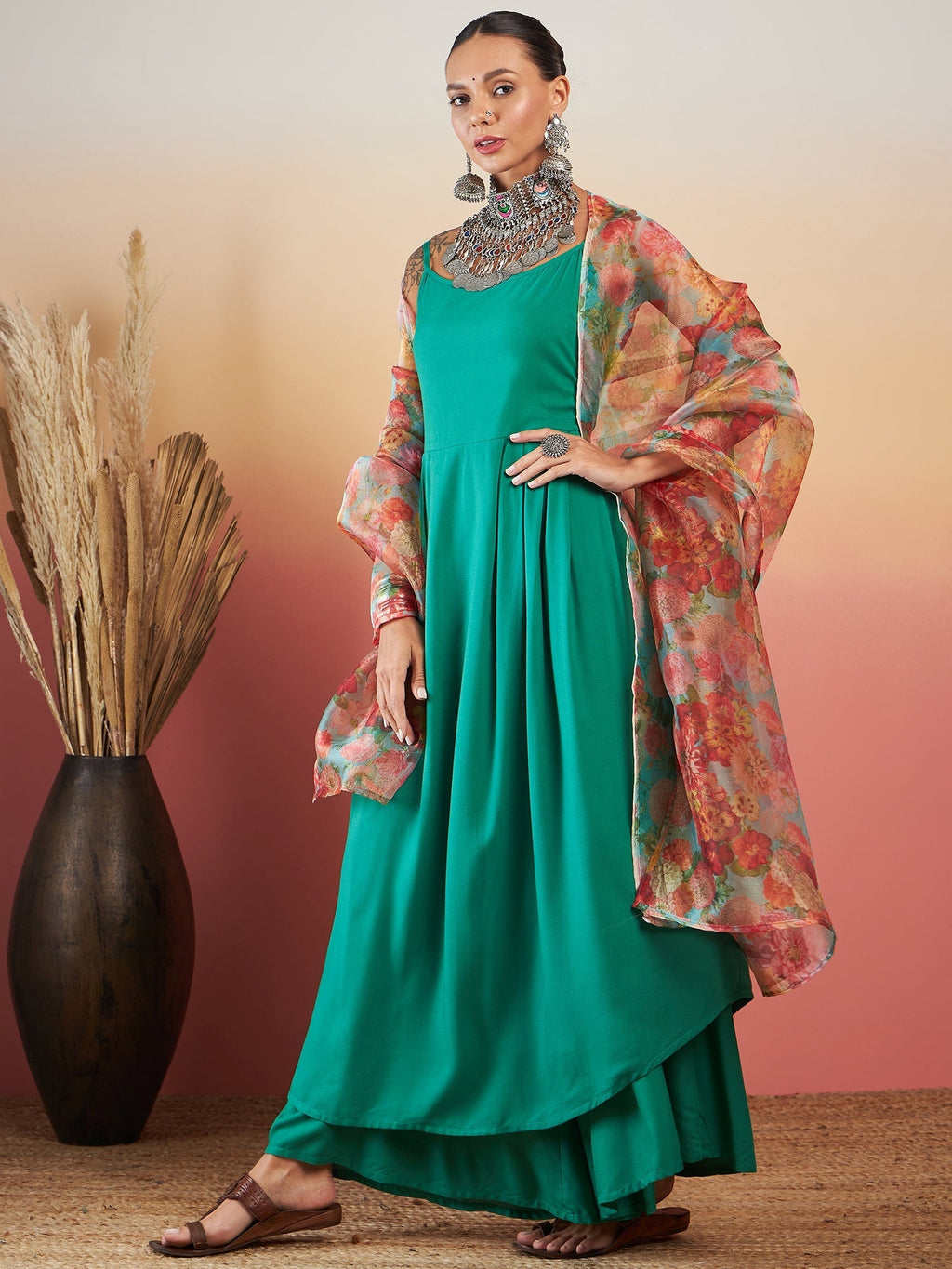 InWeave Emerald Green Strappy W Green Organza Dupatta Set