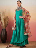 InWeave Emerald Green Strappy W Green Organza Dupatta Set