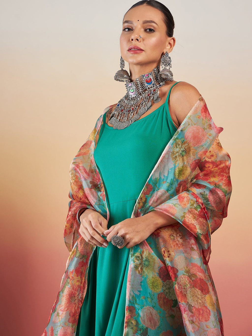 InWeave Emerald Green Strappy W Green Organza Dupatta Set