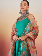 InWeave Emerald Green Strappy W Green Organza Dupatta Set