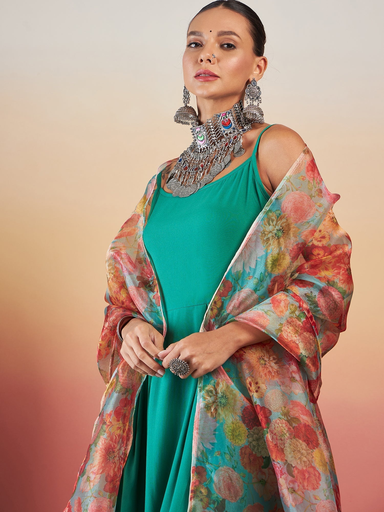 InWeave Emerald Green Strappy W Green Organza Dupatta Set