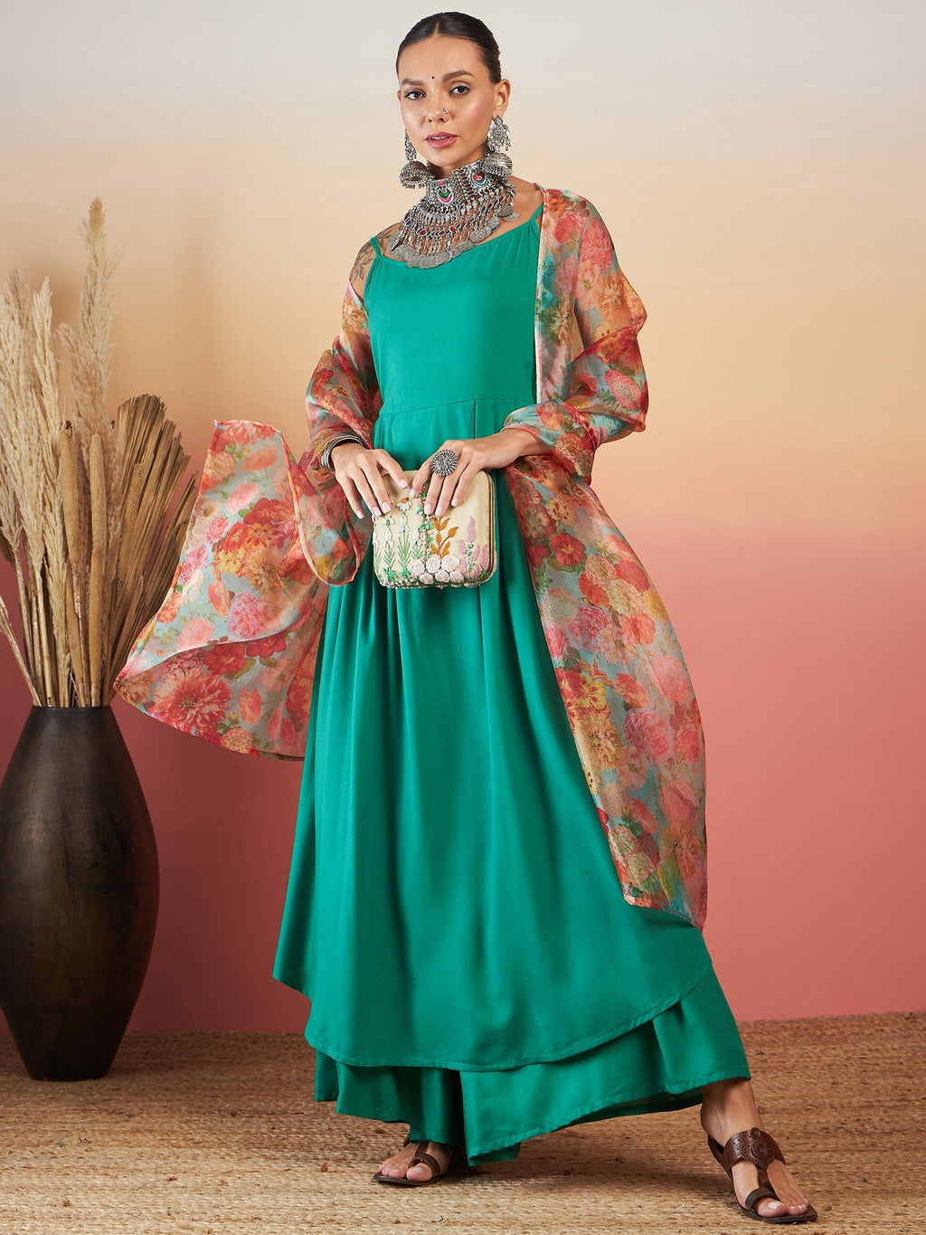 InWeave Emerald Green Strappy W Green Organza Dupatta Set