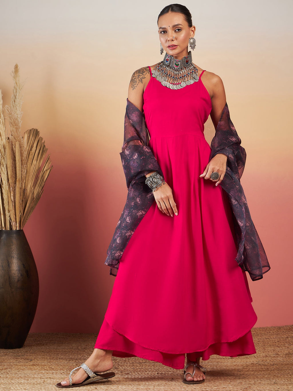 InWeave Fuchsia Strappy W Black Dark Floral Print Or Dupatta Set