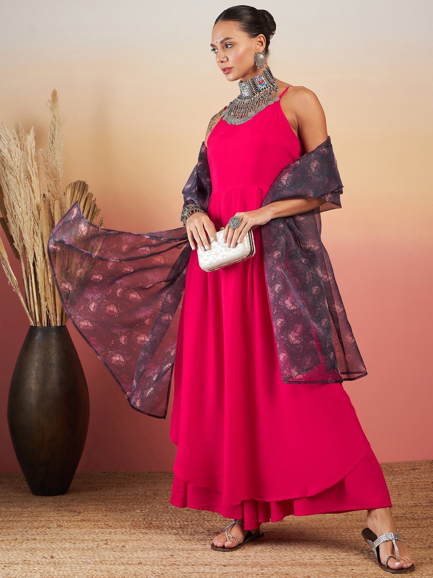 InWeave Fuchsia Strappy W Black Dark Floral Print Or Dupatta Set