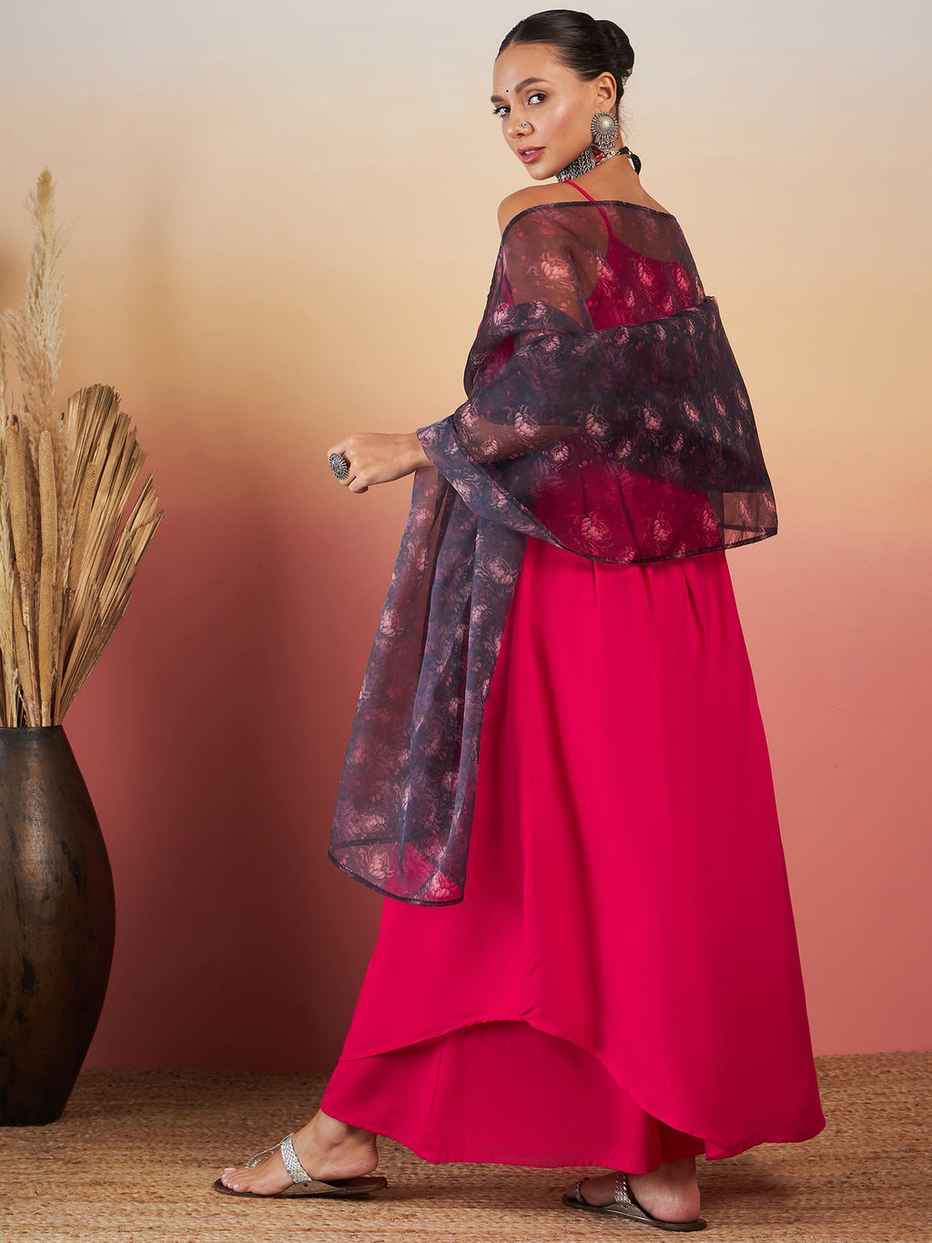 InWeave Fuchsia Strappy W Black Dark Floral Print Or Dupatta Set