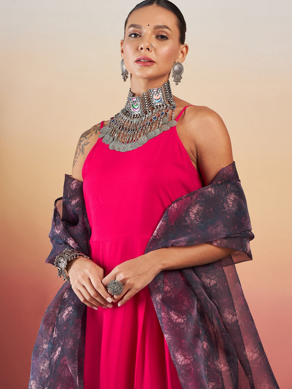 InWeave Fuchsia Strappy W Black Dark Floral Print Or Dupatta Set