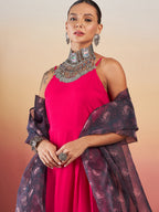 InWeave Fuchsia Strappy W Black Dark Floral Print Or Dupatta Set