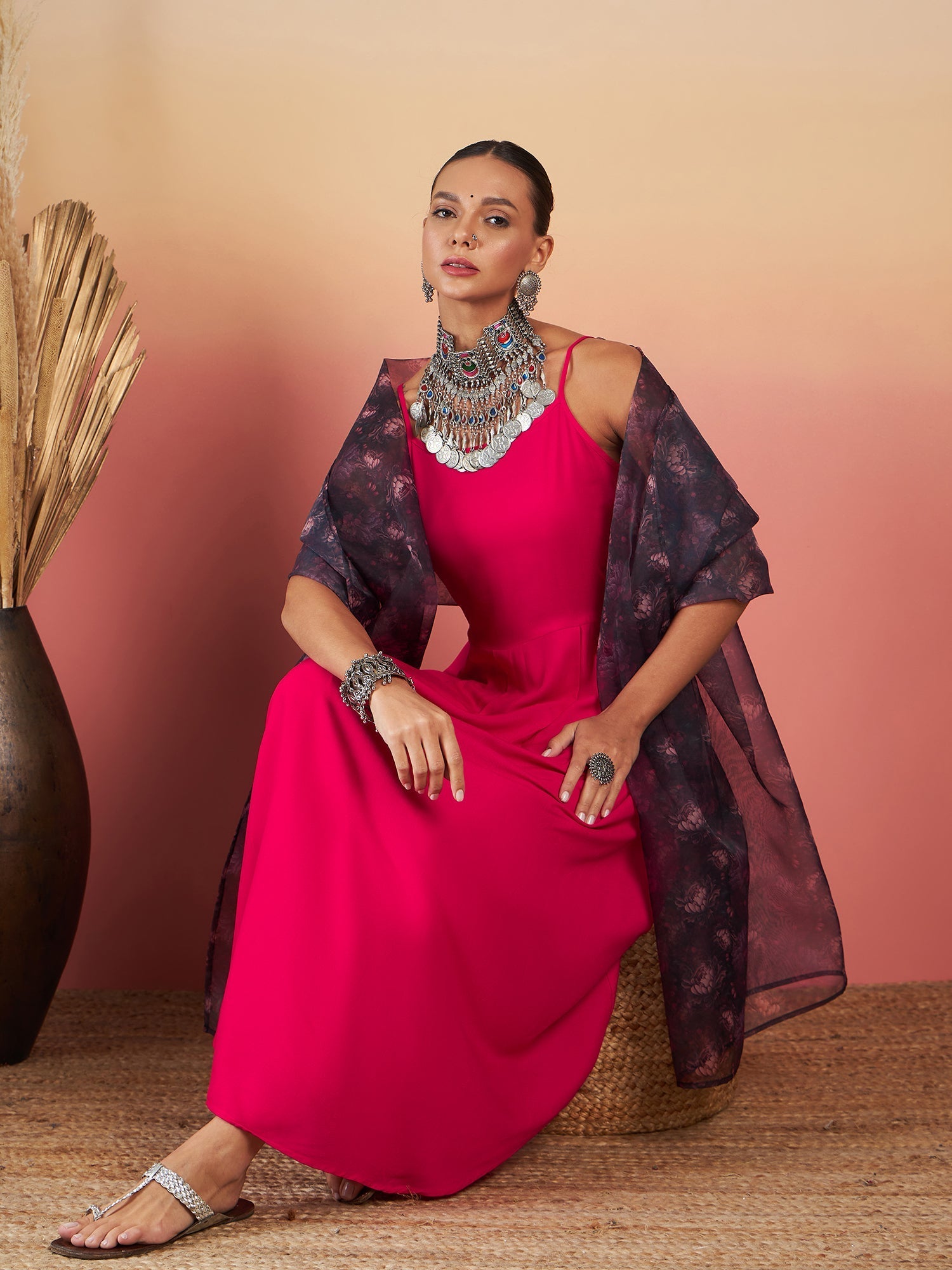 InWeave Fuchsia Strappy W Black Dark Floral Print Or Dupatta Set