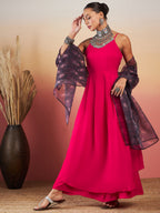 InWeave Fuchsia Strappy W Black Dark Floral Print Or Dupatta Set