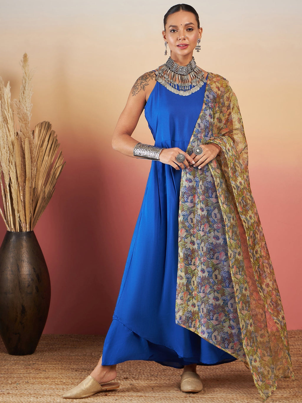 InWeave Ink Blue Strappy W Olive Liberty Print Organza Dupatta Set