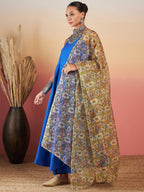 InWeave Ink Blue Strappy W Olive Liberty Print Organza Dupatta Set
