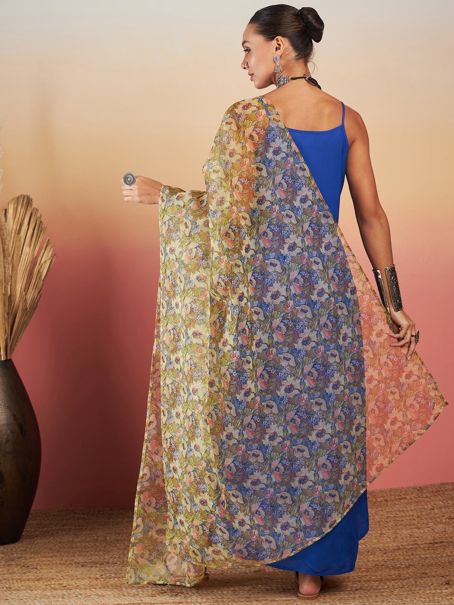 InWeave Ink Blue Strappy W Olive Liberty Print Organza Dupatta Set